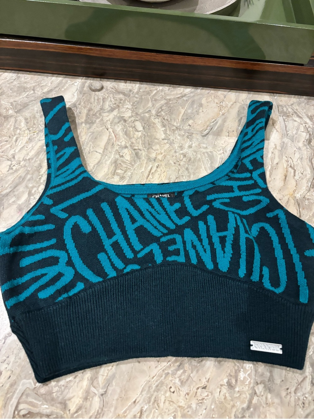 CHANEL Teal and Black Logo Knit Top/Cashmere /small hole inside on label/